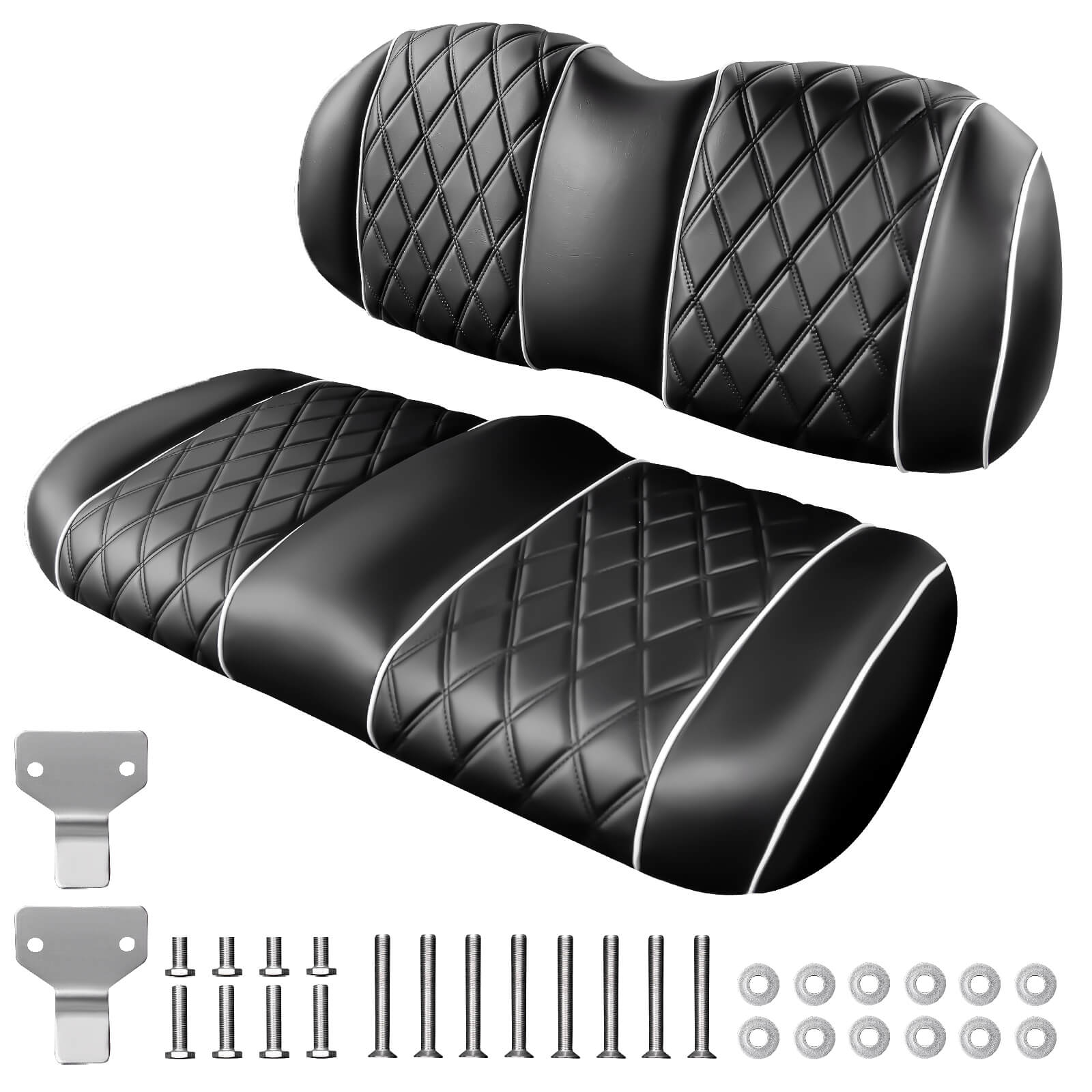 Premium Front Seat Cushion Kit Fit Club Car Precedent 2012+_Tempo_Onward Golf Cart (Black with white piping)1