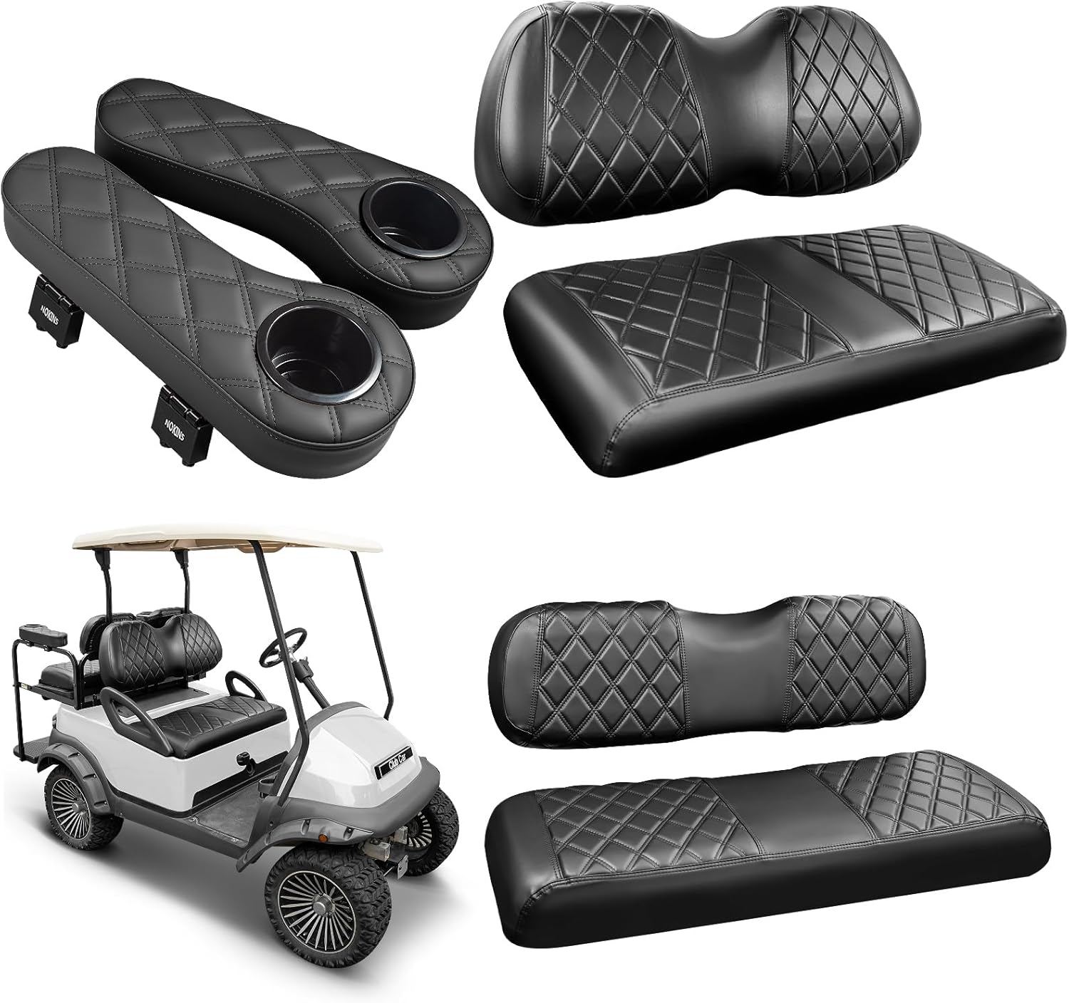 Front&Rear Seat Cover&Flip-Up Armrest Kit with Cup Holder for 1" Square Tube Club Car Precedent Golf Cart Standard Seat Cushion