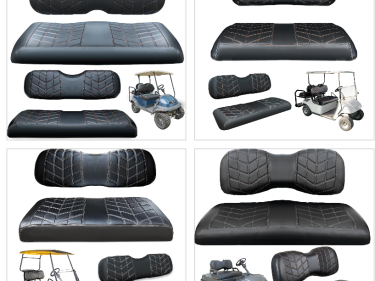 Front and Rear 4PCS Seat Cover Kit for Club Car/Ezgo/Yamaha, No Staples Required（Black&Brown Stitch）