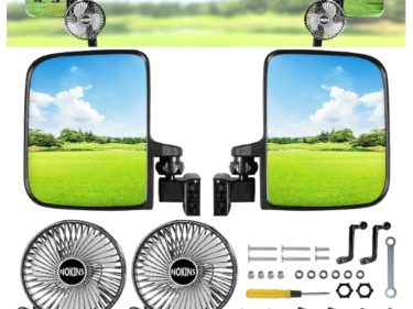 No Drilling Golf Cart Side Rear View Mirrors & Golf Cart Fans(2Pcs) Fit Club Car/EZGO TXT RXV/Yamaha and Others 0.75"/1''/1.25" Square, Tube Adjustable 180 Degree with 2-in-1 New Set