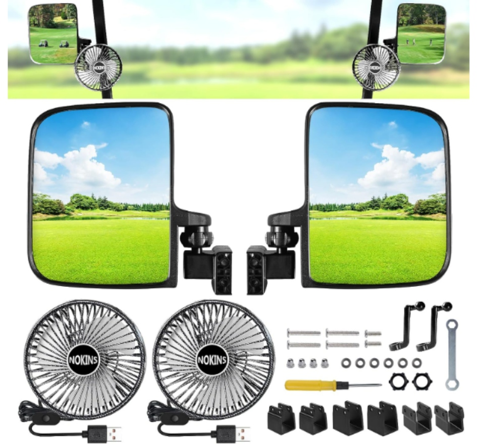 No Drilling Golf Cart Side Rear View Mirrors & Golf Cart Fans(2Pcs) Fit Club Car/EZGO TXT RXV/Yamaha and Others 0.75"/1''/1.25" Square, Tube Adjustable 180 Degree with 2-in-1 New Set