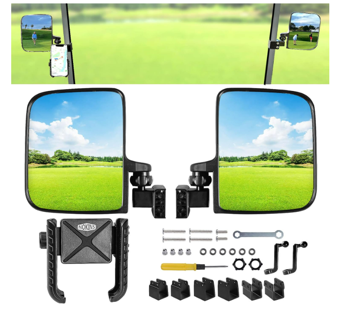No Drilling Golf Cart Side Mirrors&Golf Cart Phone Holder Caddy Mount Fit for Club Car/EZGO TXT RXV/Yamaha and Others 0.75"/1''/1.25" Square, Tube Adjustable 180 Degree with 2-in-1 New Set