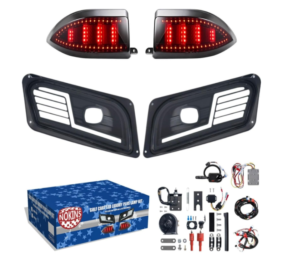 NOKINS Deluxe Plus LED Light Kit for Club Car Tempo Golf Cart,Mechanical Brake Switch,20A DC Converter Regulator,Time-delay Relay,USB Charger,Snail Horn,Low/High Beam,DRL,Scanning Turn Taillights with Sequential Turn Signal Operation, High Beam More Friendly to Eyes,Easier Installation, New Style